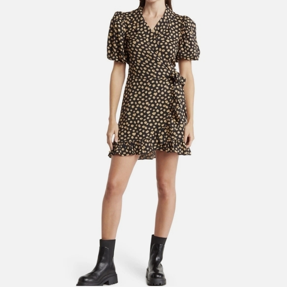WeWoreWhat Floral Puff Sleeve Wrap Mini Dress, Ditsy Daisies Black Multi, Small